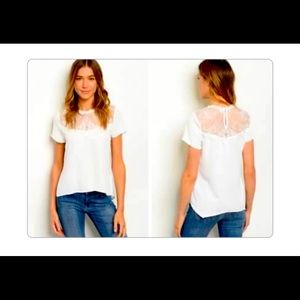 round neck tunic top with sheer lace detail